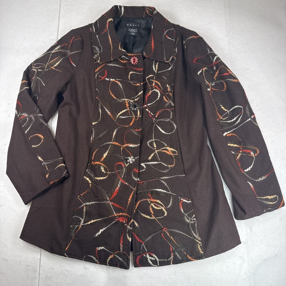Weavz Brown Wool Blend Embellished Jacket Artsy Lagenlook Scribble Yarn Size S